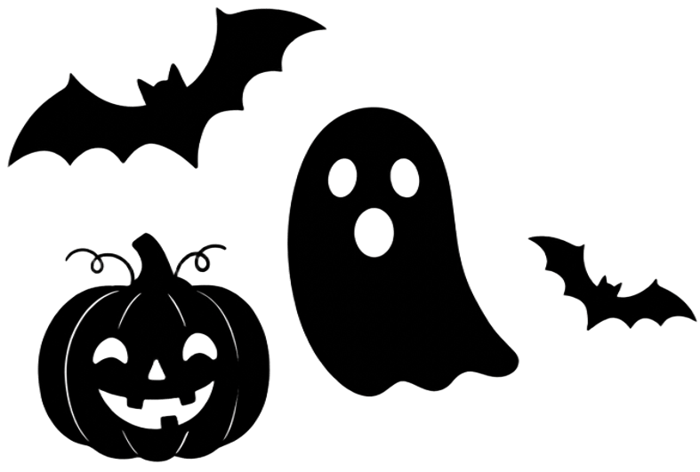 Pipistrelli, zucca e fantasmino neri su sfondo bianco