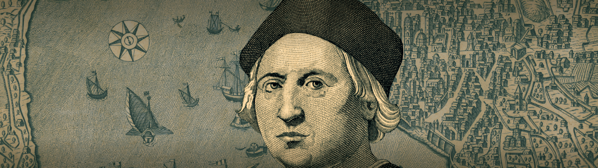 Ritratto di Cristoforo Colombo con antica carta geografica sullo sfondo 