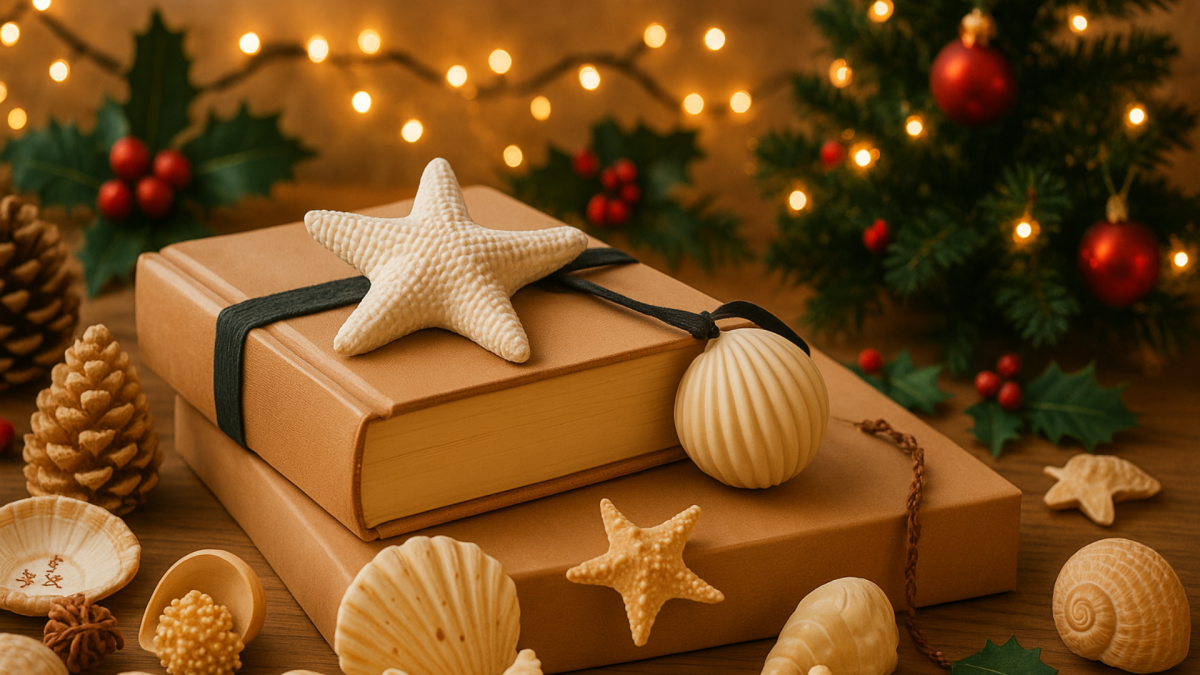 Conchiglie e stelle marine disposte su un tavolo davanti a luci e un albero di Natale. 