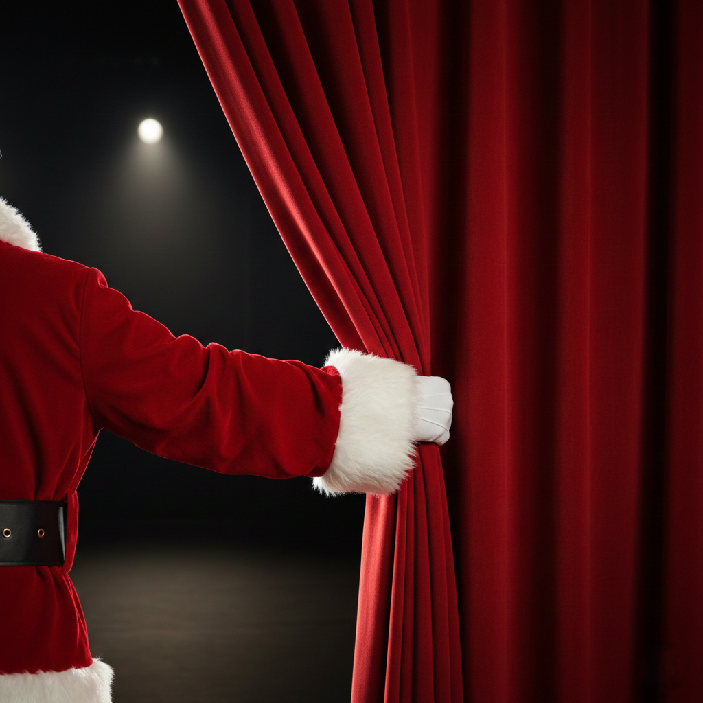 Babbo Natale apre il sipario di un teatro 