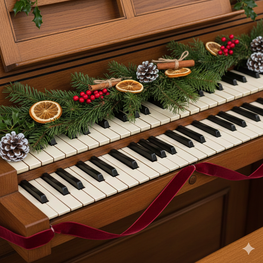 Tastiera di un organo abbellita con decorazioni natalizie  