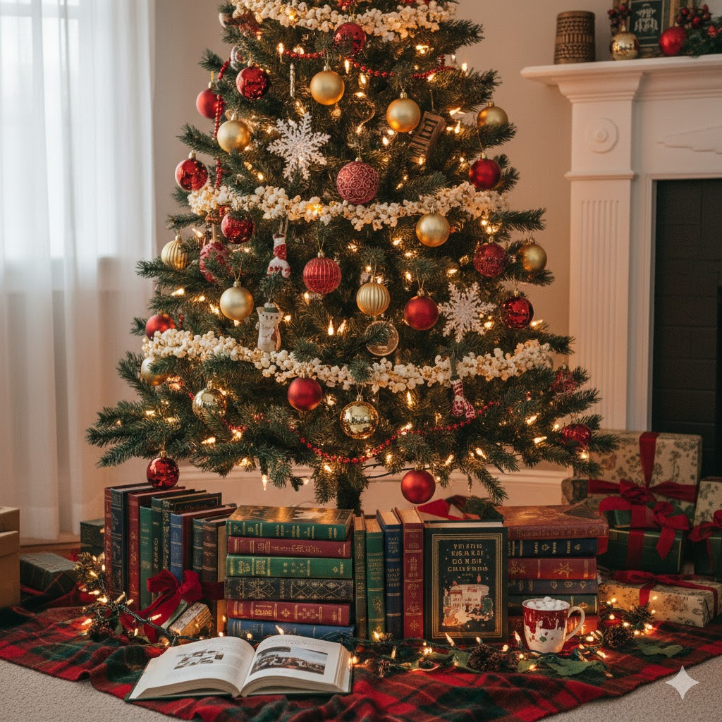 Albero di Natale decorato con luci e addobbi, con pile di libri antichi alla base su una coperta scozzese. 