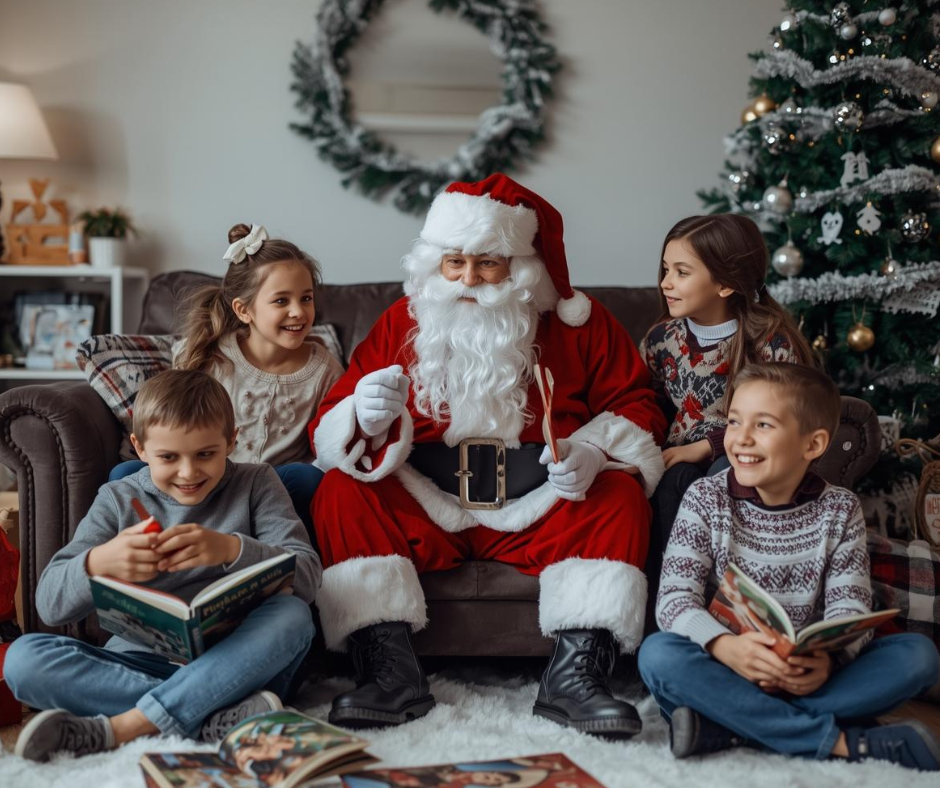 Babbo Natale è seduto su un divano tra quattro bambini sorridenti, con due che leggono libri in un ambiente natalizio con un albero decorato sullo sfondo. 