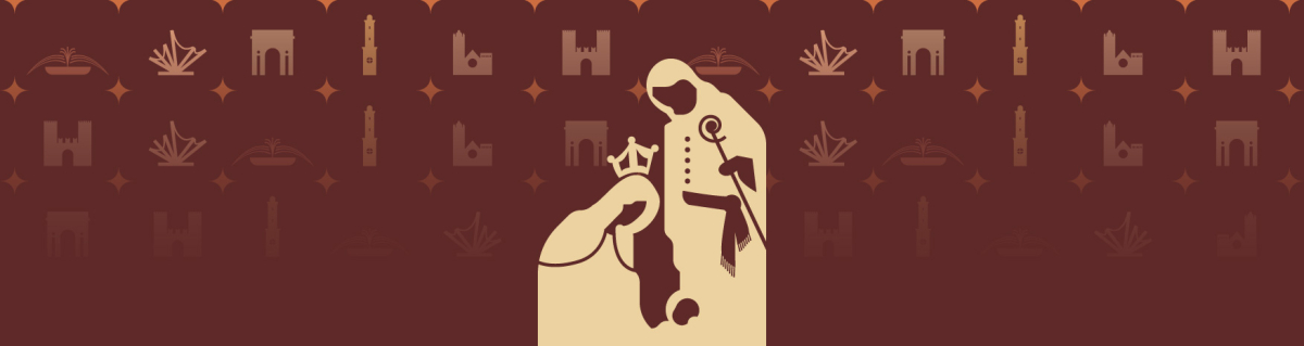 Immagine della Natività stilizzata su sfondo color granata 