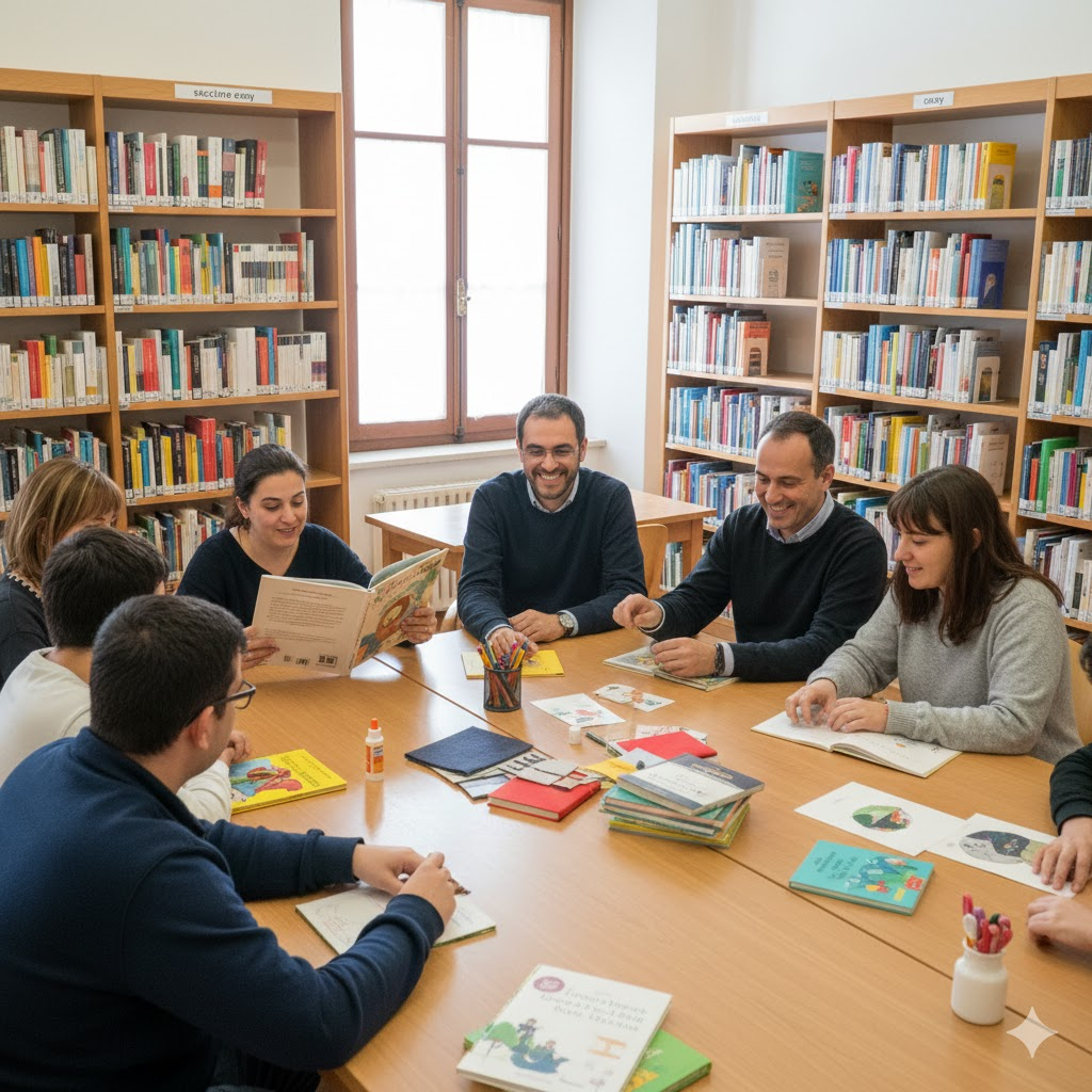 Sala di biblioteca ricca di libri e un tavolo centrale che suggerisce un luogo ideale per lo studio, la lettura e i laboratori. 