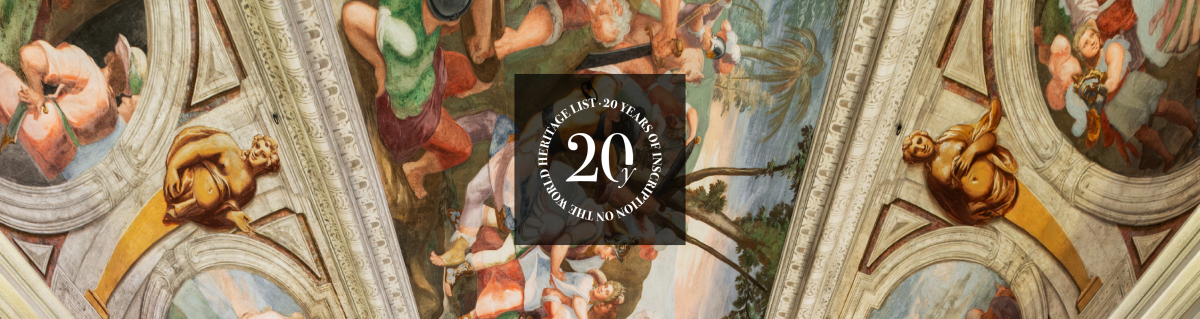 Logo del Ventennale e, sullo sfondo, affresco in uno dei Palazzi dei Rolli 