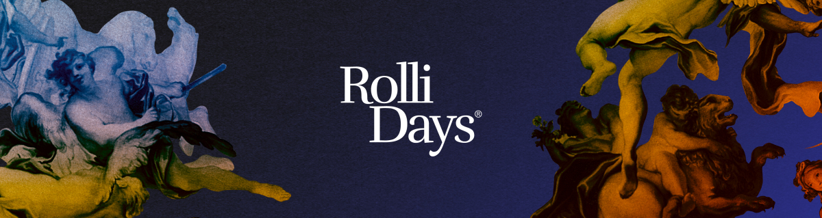 Immagine guida con il logo Rolli Days al centro in bianco su sfondo indaco. Ai lati, dettagli di un dipinto in azzurro, giallo e arancione 