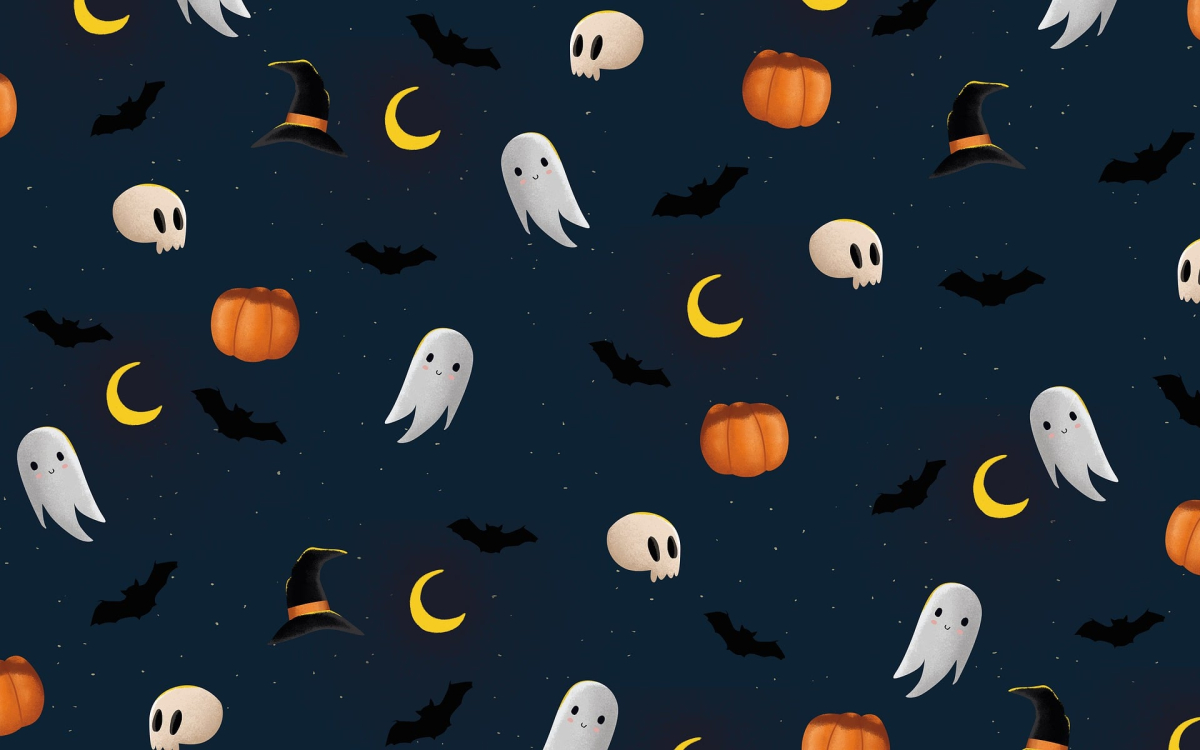 Pattern a tema Halloween su sfondo blu notte. 