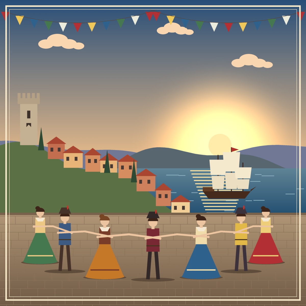 Borgo con torre medievale sul mare, un veliero e un gruppo di danzatori in costume d'epoca 