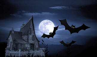 Vecchia casa con pipistrelli e luna piena 