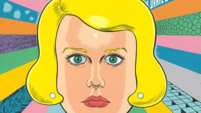 Illustrazione pop art di un volto femminile con capelli biondi su sfondo colorato.