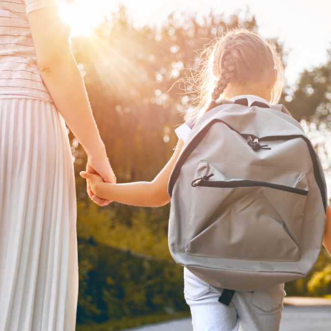 Nell'immagine bambina accompagnata a scuola dall'adulto di riferimento