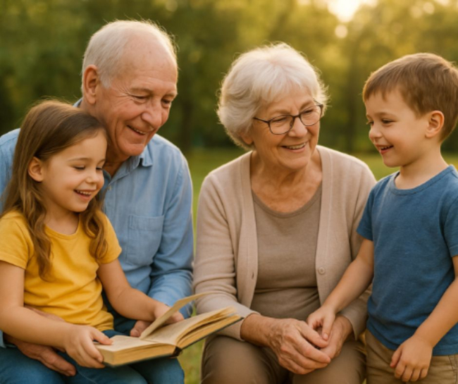 Nonni leggono un libro ai nipotini in un parco.
