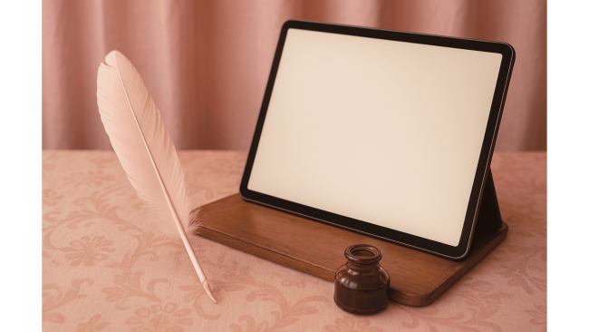 Un tablet su supporto di legno accanto a una piuma e un calamaio.