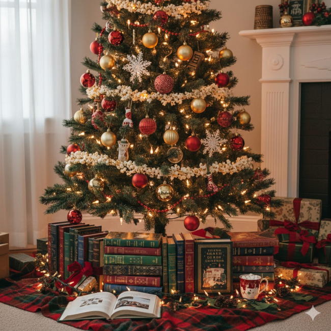Albero di Natale decorato con luci e addobbi, con pile di libri antichi alla base su una coperta scozzese.