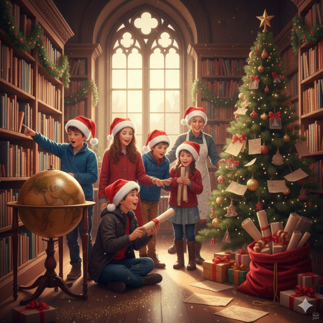 Bambini che scoprono indizi su un albero di Natale addobbato tra gli scaffali di una storica biblioteca, in una caccia al tesoro natalizia.