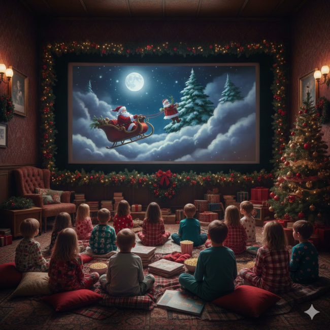 Cinema vintage con poltrone rosse, illuminato dalla proiezione di un film di Natale.