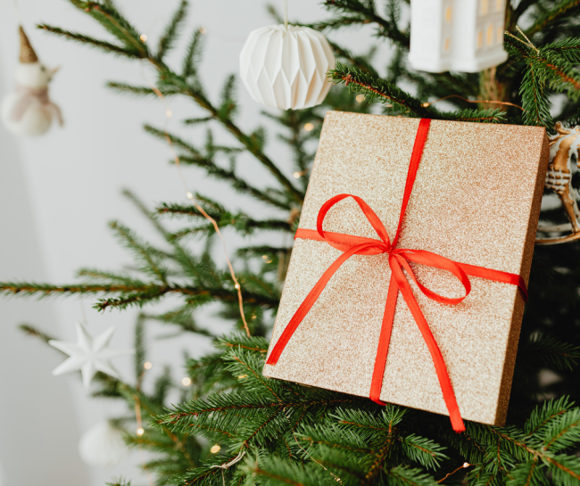 Libro impacchettato con un nastro rosso legato a fiocco e appeso a un albero di Natale decorato.