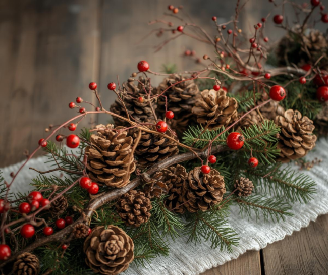 Decorazione natalizia con pigne, rami di pino verdi e bacche rosse su un tavolo di legno.