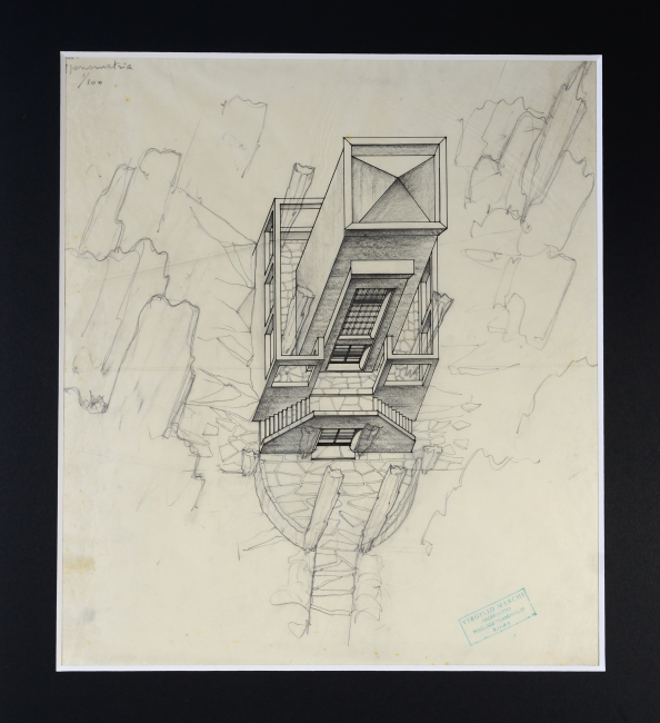 5. Virgilio Marchi (Livorno 1895 – Roma 1960) Mausoleo. Assonometria / Mausoleum. Axonometry, 1931 circa, matita e inchiostro su lucido / pencil and ink on tracing paper, GDU2025.3. Acquistato con il contributo di Mitchell Wolfson Jr.