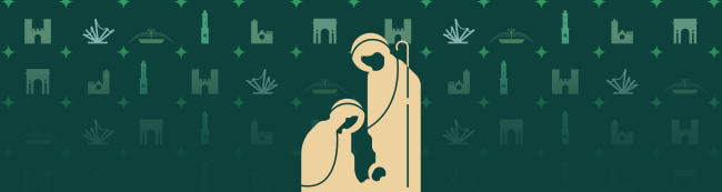 La Natività stilizzata e i simboli di Genova sullo sfondo