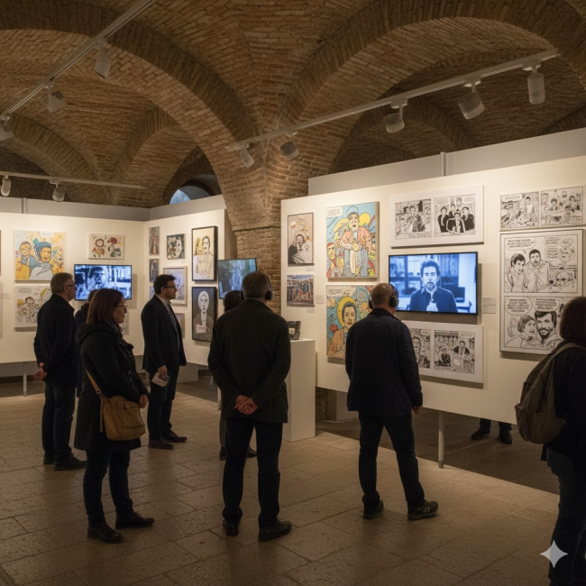 Un'immagine evocativa che fonde elementi visivi legati alla città di Genova con simboli della musica d'autore e dell'arte visiva.