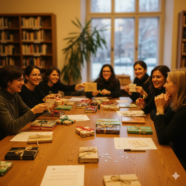 Un'immagine che ritrae mani di persone che scambiano pacchetti regalo di libri impacchettati sopra un tavolo in una biblioteca.