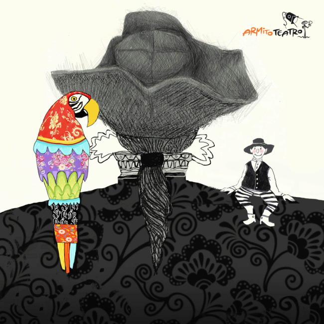 Illustrazione che raffigura Gulliver, di spalle, con un pappagallo sulla sinistra e un lillipuziano sulla destra