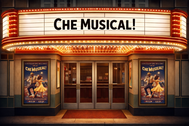 L'ingresso illuminato di un teatro in stile americano con l'insegna luminosa "Che Musical!" e locandine con una coppia danzante.