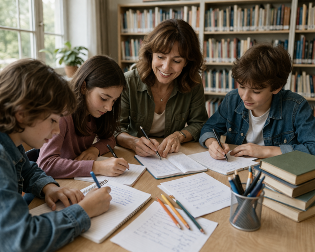 Una insegnante sorridente segue tre ragazzi mentre scrivono sui loro quaderni attorno a un tavolo in una biblioteca luminosa.