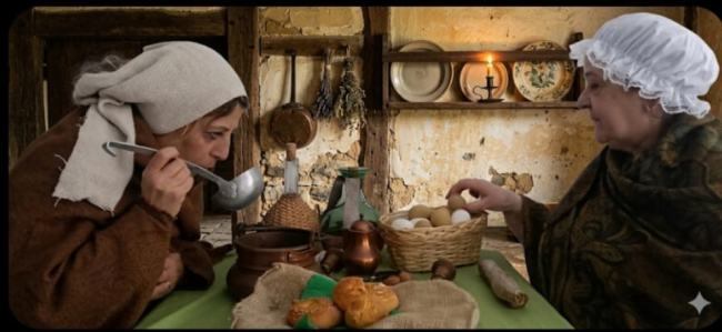Due donne in abiti d’epoca siedono a una tavola rustica mentre una assaggia la zuppa e l’altra prende un uovo.