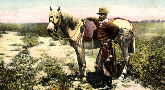 Cartolina argentina d'epoca che raffigura un gaucho accanto al suo cavallo
