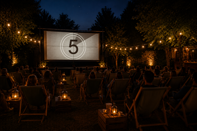 Una suggestiva serata di cinema all'aperto, con il pubblico seduto sotto le stelle davanti a un grande schermo illuminato da luci soffuse e atmosfera accogliente.