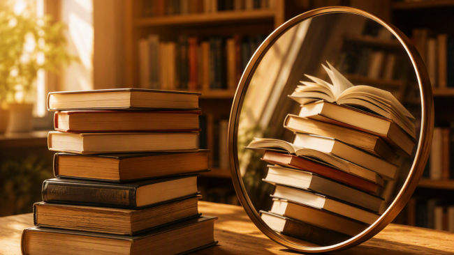Pila di libri antichi su un tavolo di legno, riflessa in uno specchio rotondo con cornice dorata, in una biblioteca illuminata da luce calda.