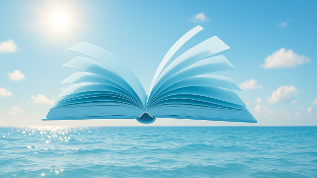 Un libro aperto dalle pagine azzurre che fluttua sospeso sopra il mare, sotto un cielo luminoso con sole e nuvole.
