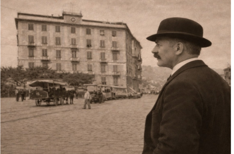 Fotografia in seppia di fine Ottocento/inizio Novecento: in primo piano, di profilo, un uomo con baffi, bombetta