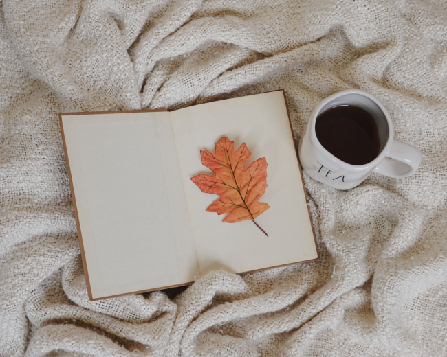 Un libro aperto con una foglia d'autunno arancione appoggiata sulle pagine.
