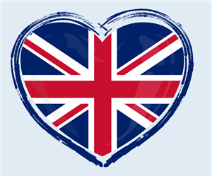 Un cuore con la bandiera del Regno Unito (Union Jack), bordato da un tratto blu a pennellata, su sfondo azzurro chiaro.