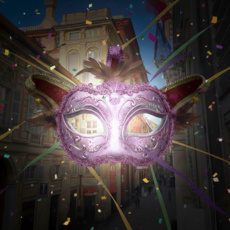 Una maschera di carnevale e, sullo sfondo, i palazzi di Strada Nuova